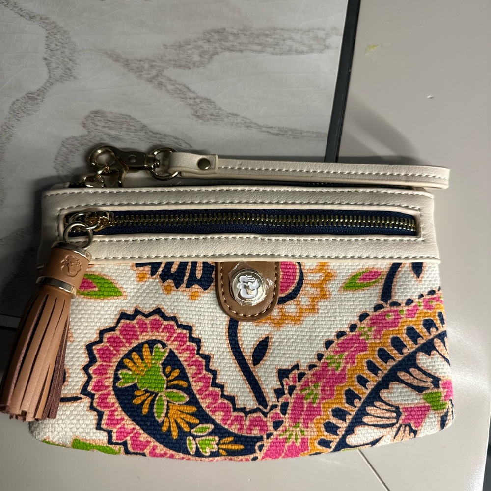 NWOT Spartina 449 Leather and Linen Wristlet 7.5’’ x 5’’